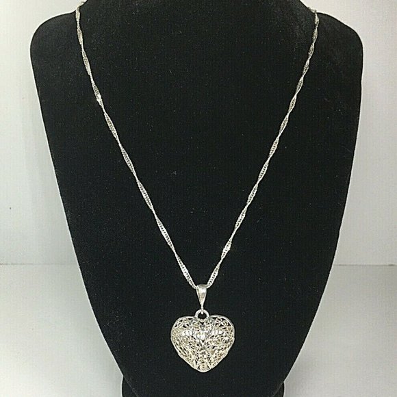 Sterling Silver Ornate Heart Necklace Twist Chain - Picture 1 of 12